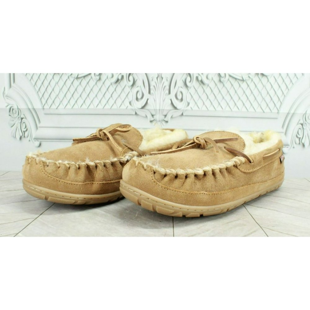 LL Bean Brown Suede Wicked Good Shearling Lined Moccasin Slippers Size 7 - Picture 2 of 8